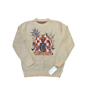 Carnival Party‎ Skeleton Halloween Viscose Sweater Beige Orange Black Men Sz L